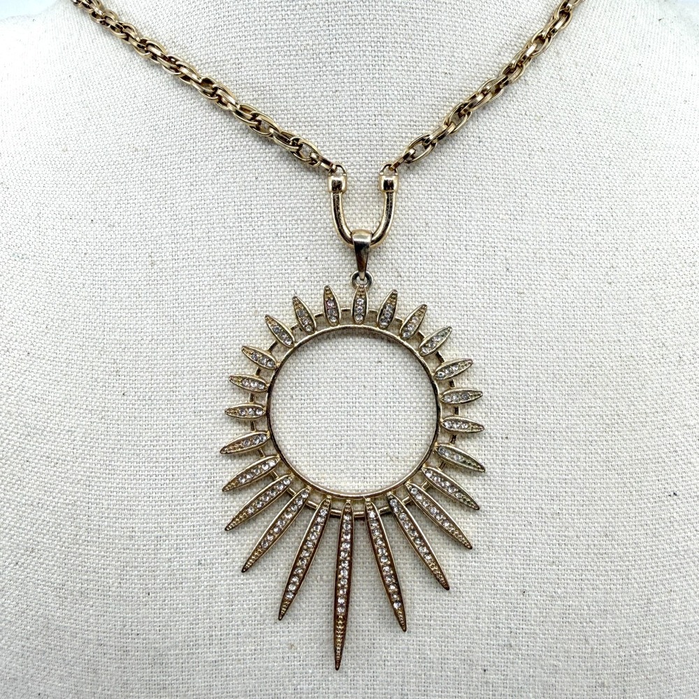 Gold Tone Sunburst Pendant Necklace - Celestial Boho Festival Jewelry